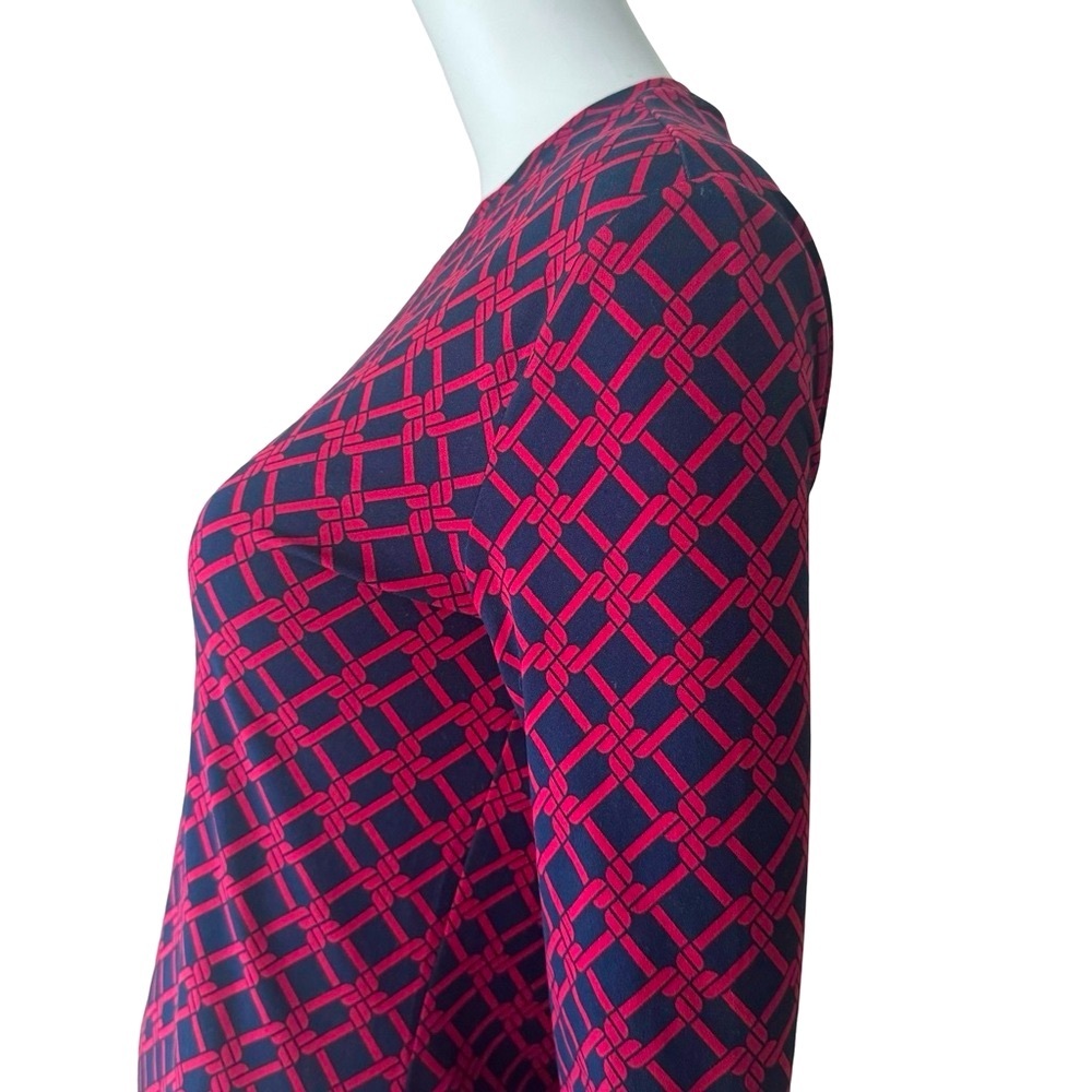 BROOKS BROTHERS Knit Top Long Sleeve Trellis Print Round Neck Red Navy Blue - Picture 8 of 12